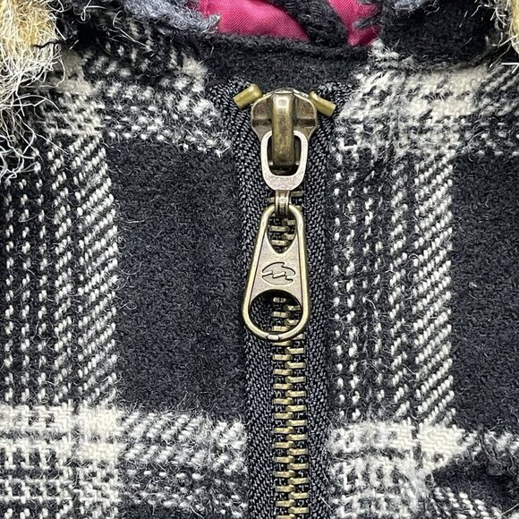 Billabong Coat Women's Black White Plaid Wool Blend Hooded Faux Fur Jacket Small - Picture 6 of 11